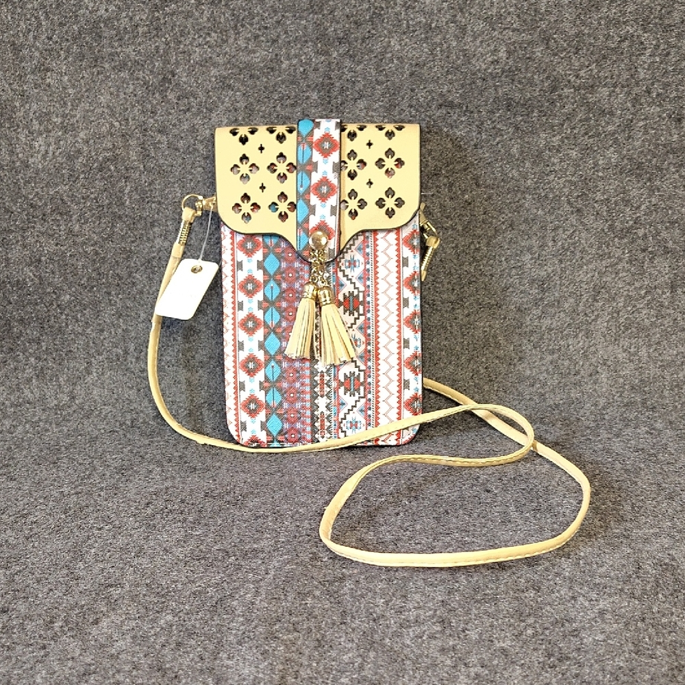 Cream & Multicolor Aztec Crossbody Phone Bag with Tassel Accent